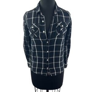 Sisley Black White Top Check Flap Pockets Long Sleeve Casual Button-Up XL 10-11